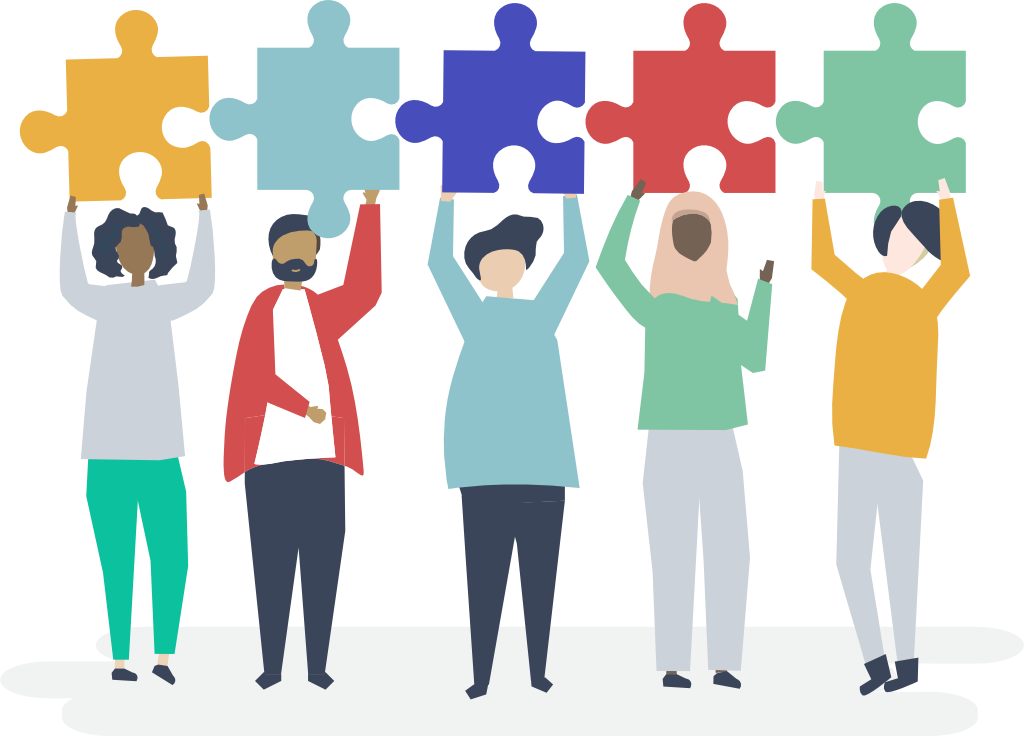 Illustration of diverse group of people holding up puzzle pieces that fit together for unity