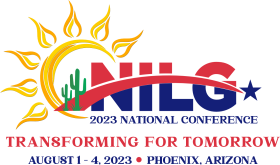 National Industry Liaison Group Logo, Featuring yellow illustration of a sun, green illustration of saguaro cactus, red and blue text for acronym and blue text below of the business name